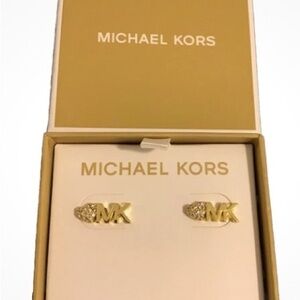 Michael Michael Kors gold tone MK monogram pave‎ heart stud earrings new